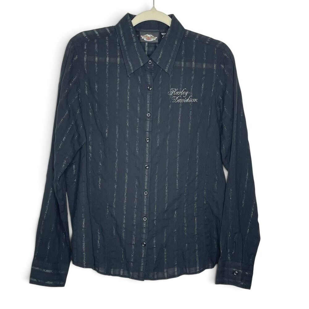 Harley Davidson Fitted Button Up Black Silver Long Sleeve Shirt Top Womens Large